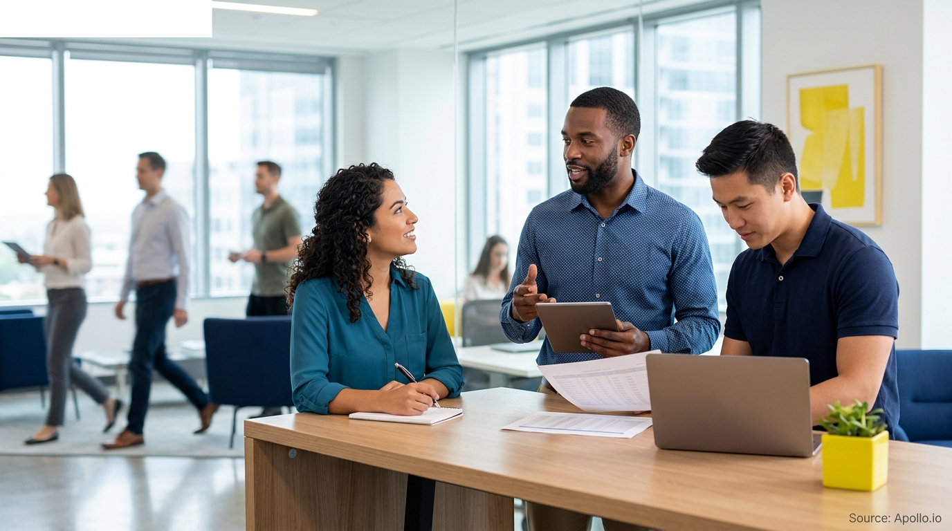 Three professionals collaborate at a wooden table in a modern, sunlit office using a laptop and digital tablet.