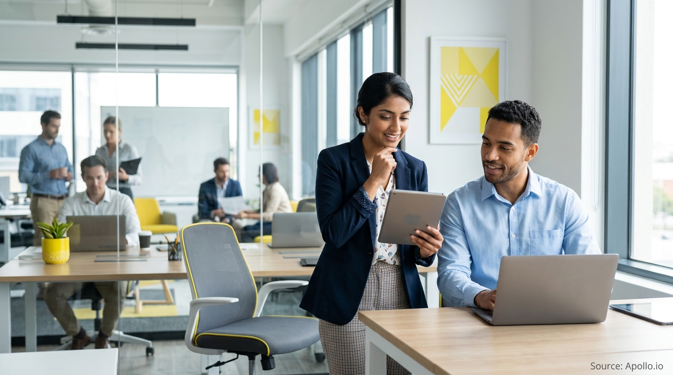 Seven professionals work in a bright, modern office as two colleagues collaborate using a tablet and laptop.