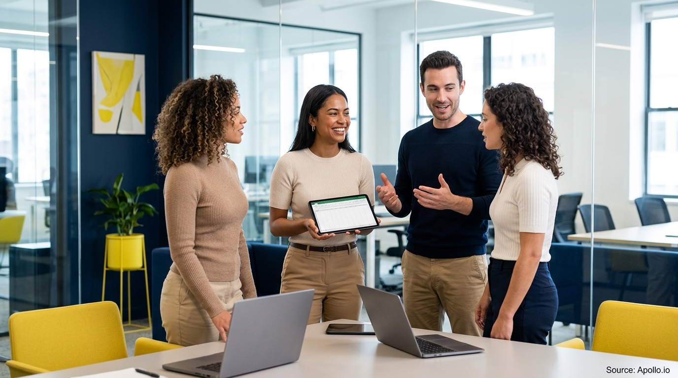 Four colleagues in a modern office discuss a spreadsheet on a tablet while standing around a conference table.