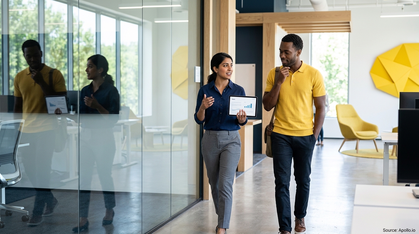 Two professionals walk through a modern office while discussing data displayed on a tablet.