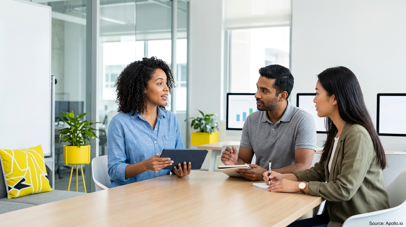 Three professionals collaborate at a wooden table in a modern office using a tablet and notebooks.