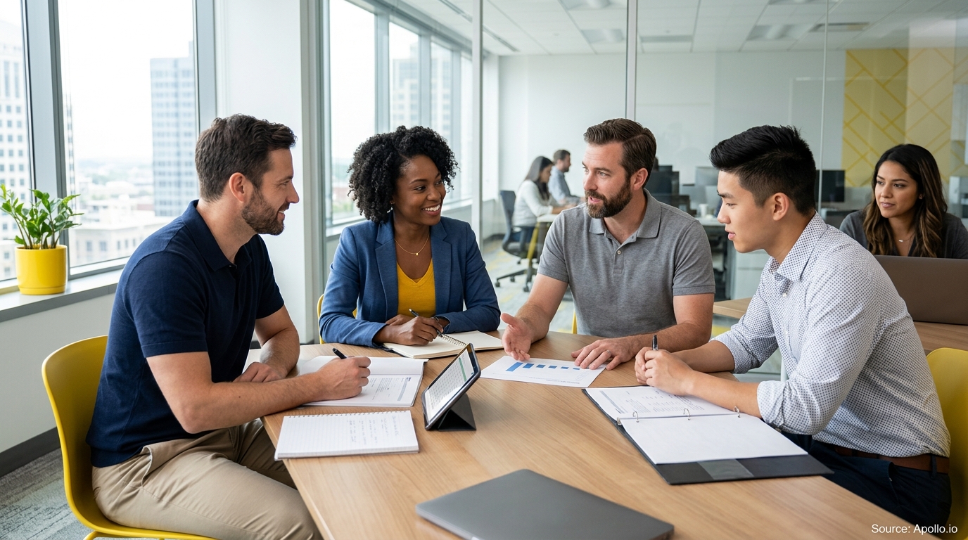 Four diverse professionals collaborate at a modern office table, reviewing printed charts and a tablet in a bright workspace.