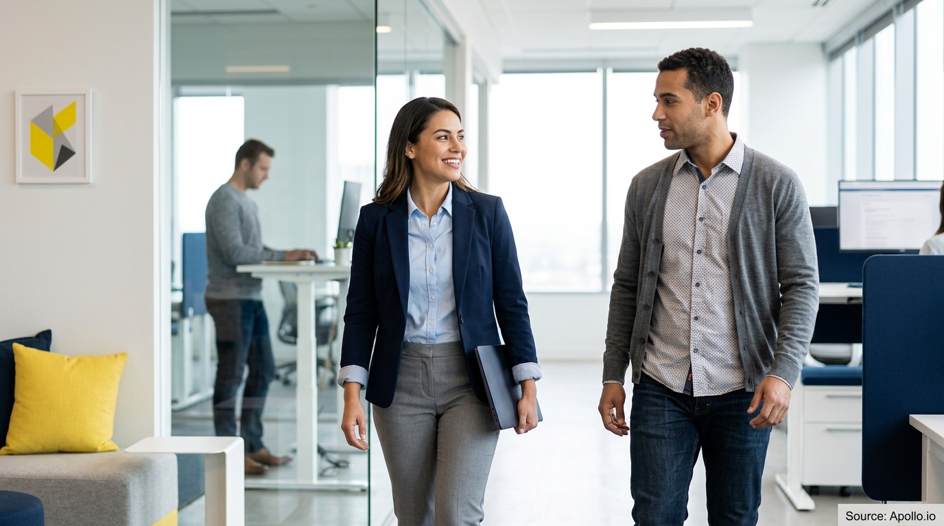 Two professionals walk and talk in a bright, modern office while a third person works in the background.