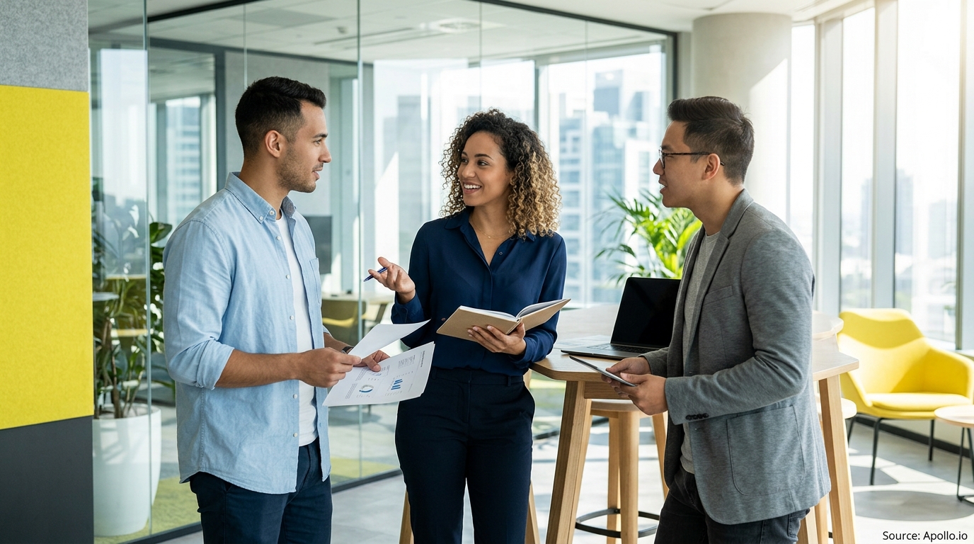 Three diverse professionals discuss documents and collaborate in a bright, modern office space.