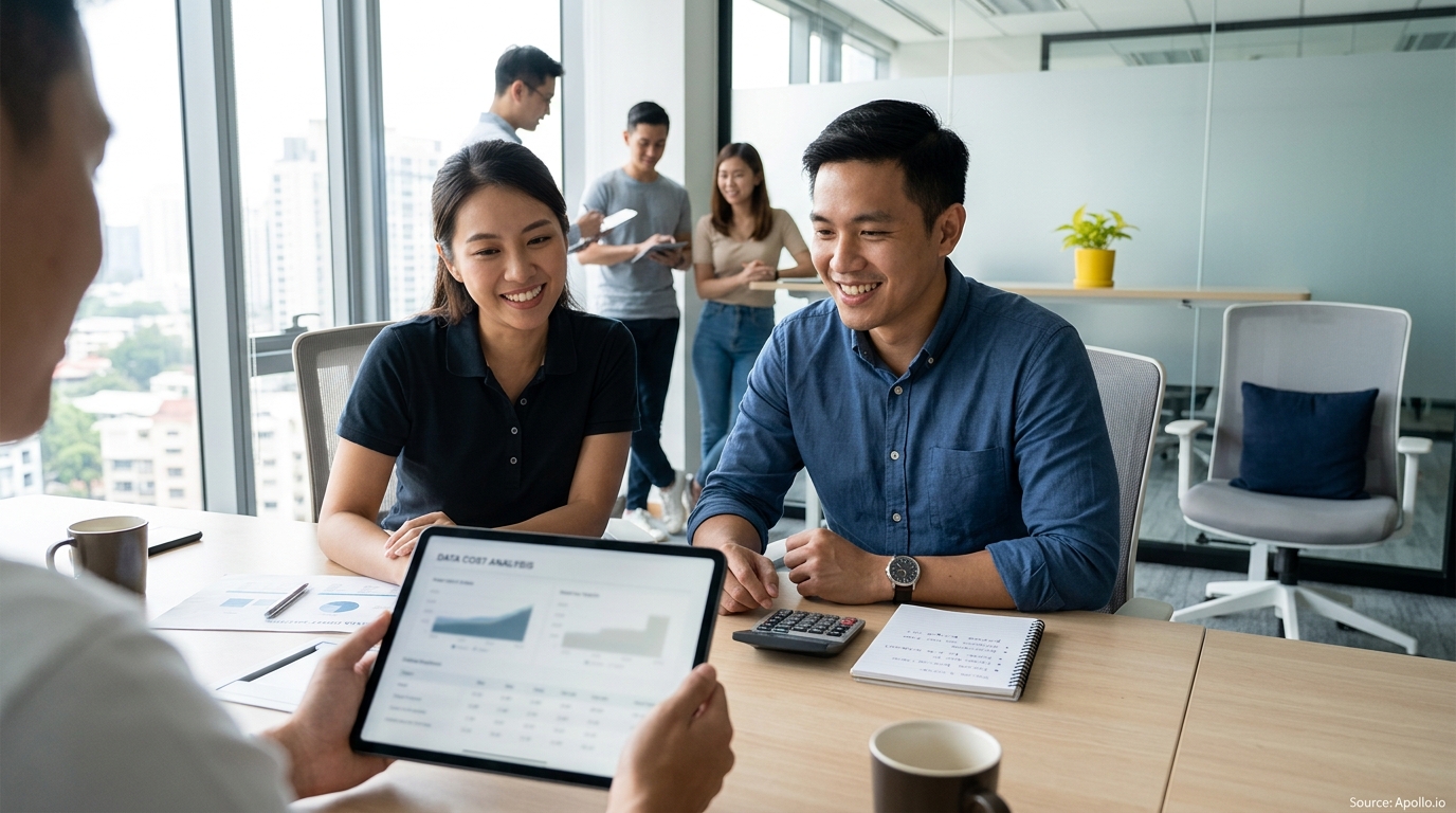 Six professionals collaborate in a bright, modern office while reviewing data visualizations on a digital tablet.