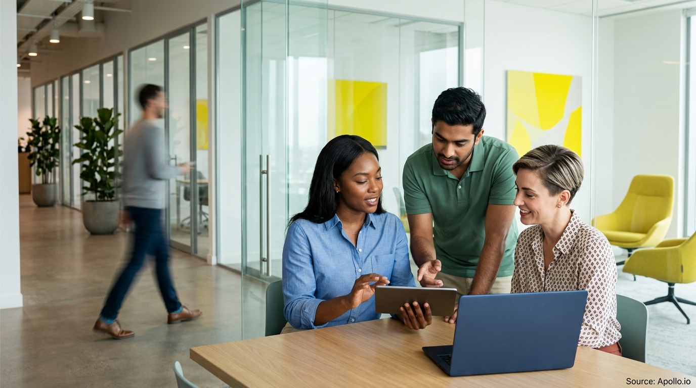 Three colleagues collaborate at a table with a tablet and laptop in a bright, modern office.