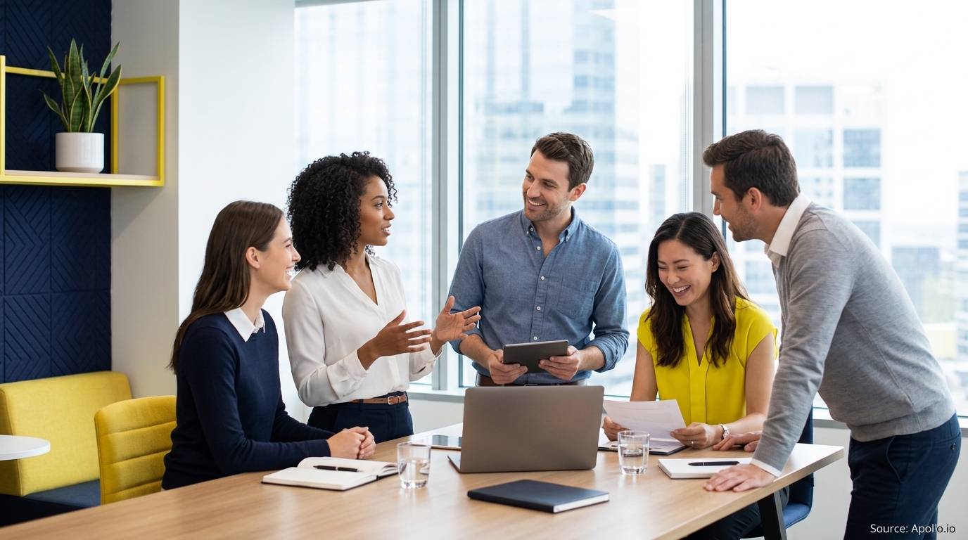 Five diverse professionals collaborate around a conference table with a laptop in a bright, modern office.