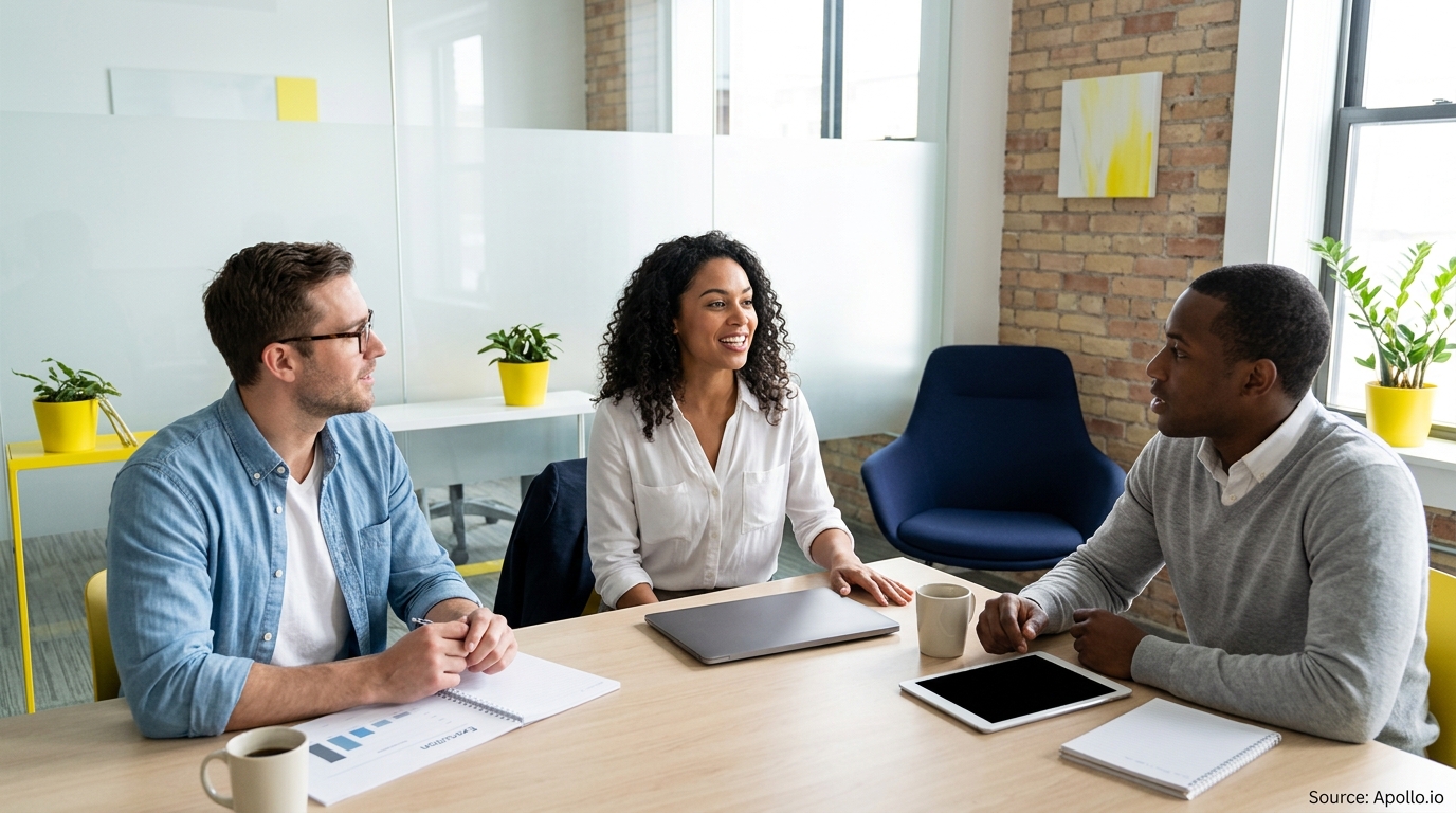 Three diverse professionals collaborate during a meeting at a table in a bright, modern office.