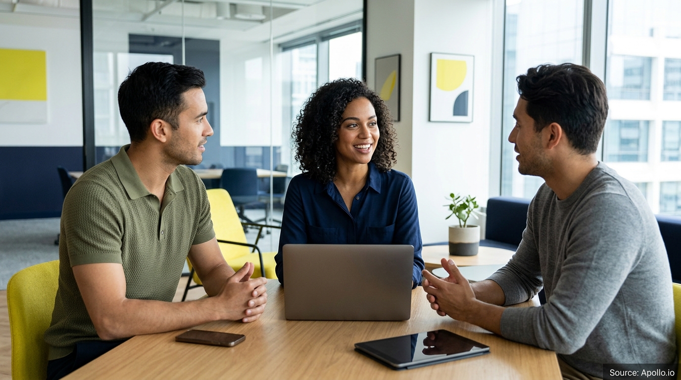 Three professionals collaborate around a laptop while sitting at a table in a bright, modern office.