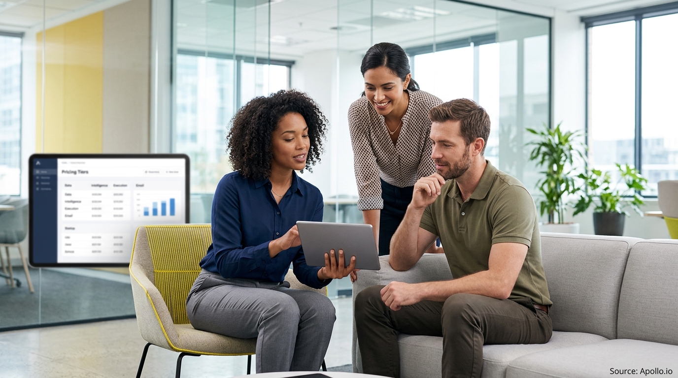 Three professionals review data on a tablet while collaborating in a bright, modern office lounge.