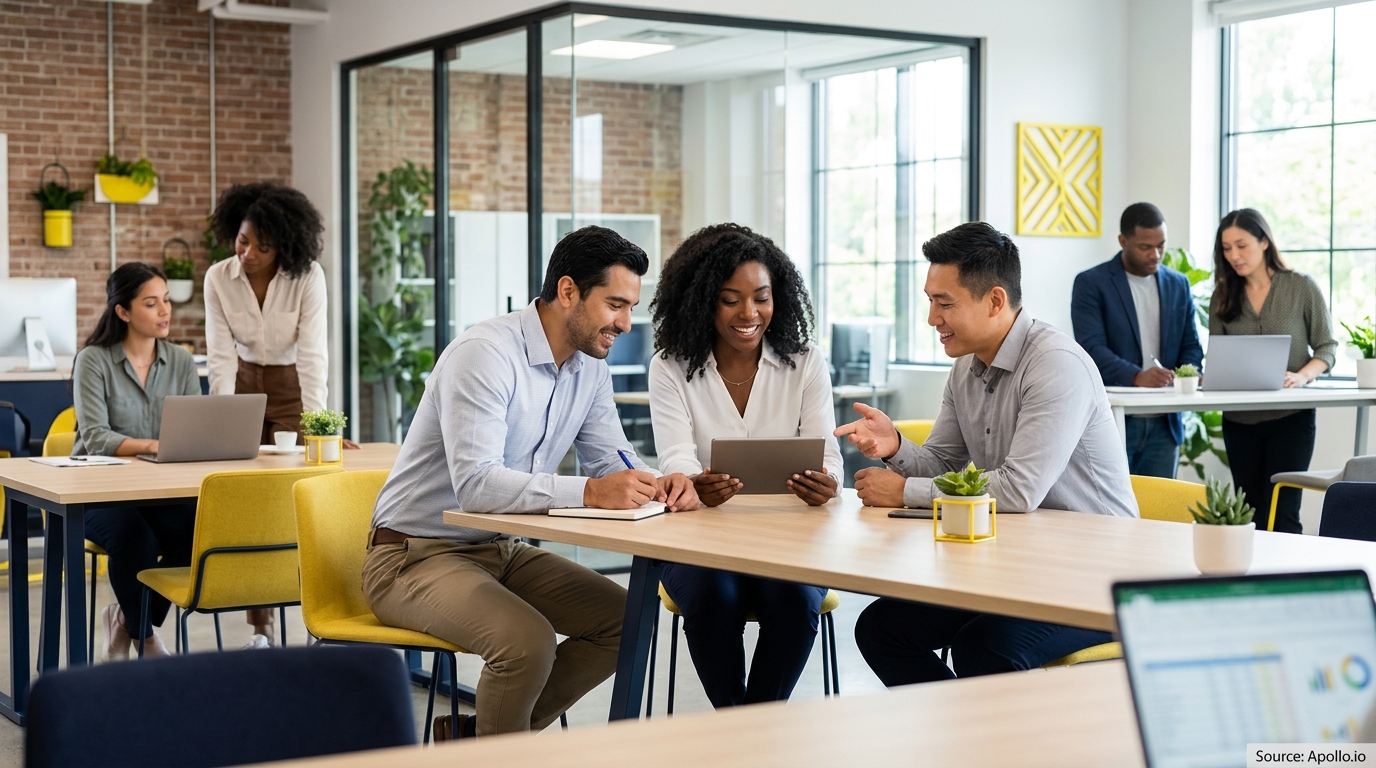 Seven diverse professionals collaborate and work using laptops and a tablet in a modern, light-filled office.