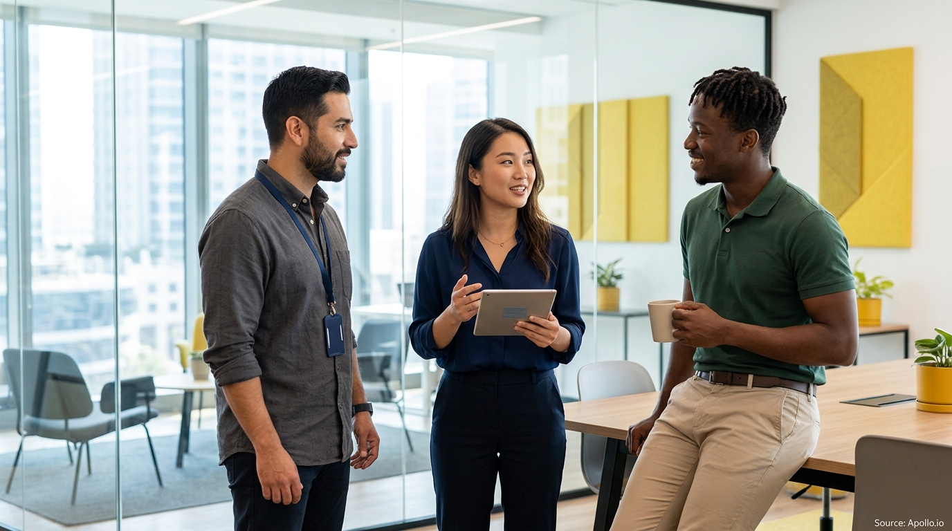 Three diverse professionals collaborate in a bright, modern office while one person holds a tablet.