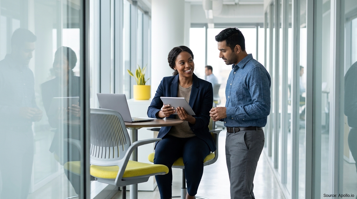 Two professionals collaborate in a modern, glass-walled office while reviewing information on a tablet.
