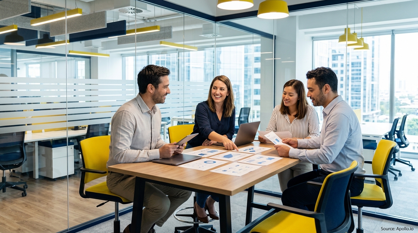 Four professionals collaborate over documents and a laptop in a bright, modern office with glass walls.