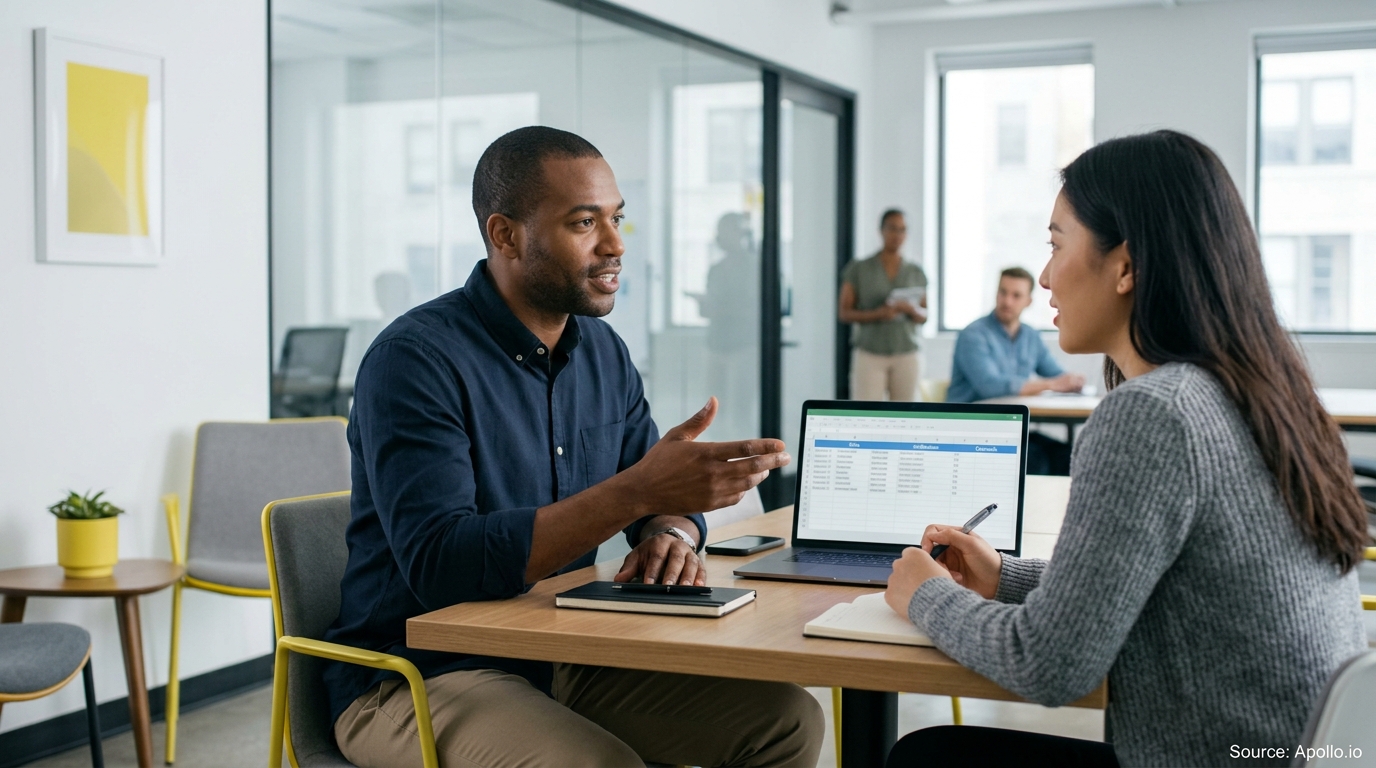 Two professionals discuss a spreadsheet on a laptop while two others work in a bright, modern office.
