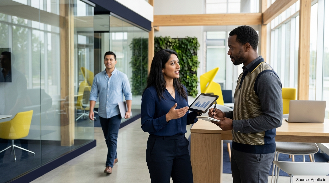 Three professionals collaborate in a modern office, reviewing data on a tablet while one walks in the background.