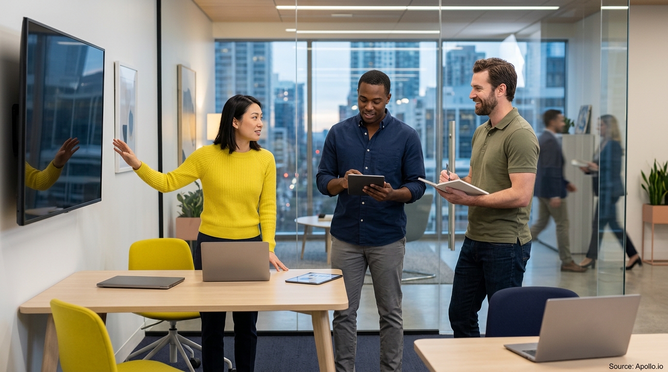 Three professionals collaborate in a modern glass-walled office using a large wall monitor, tablet, and notebook.