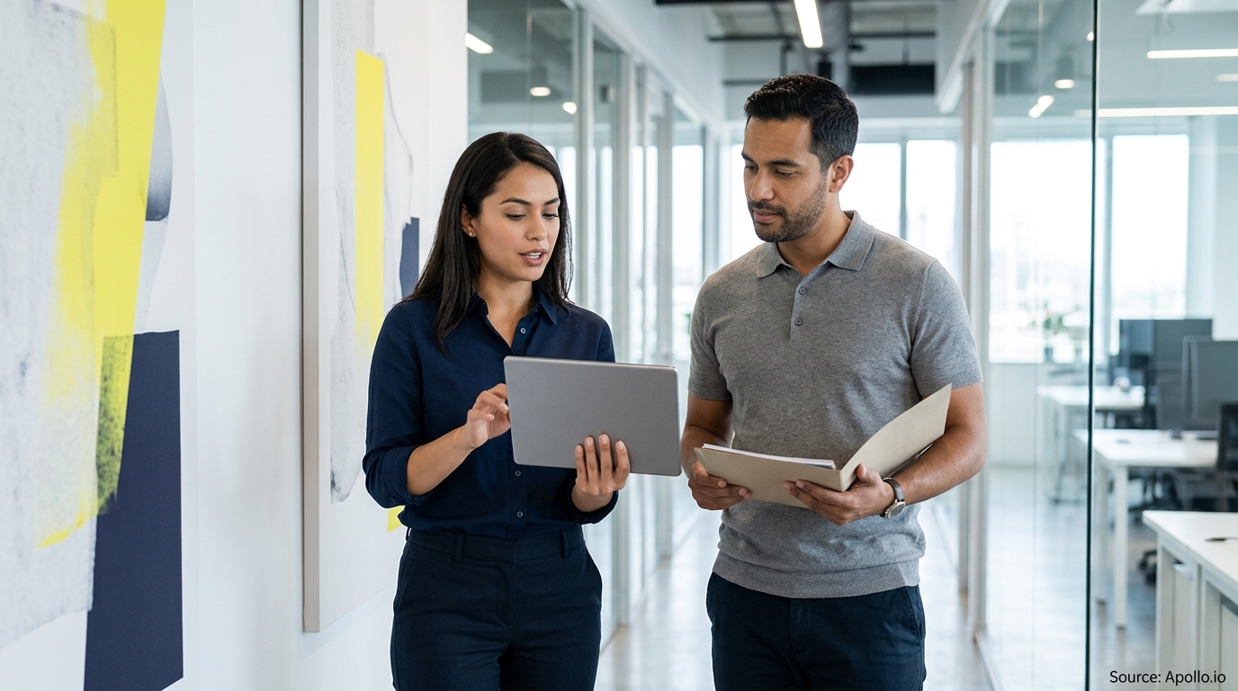Two professionals review information on a tablet and a paper folder in a modern office hallway.