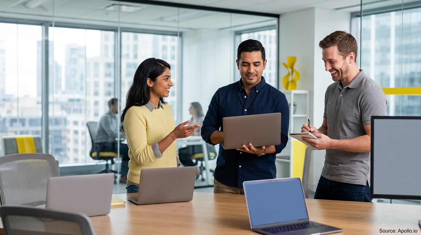 Three professionals in a bright, modern office collaborate while reviewing a laptop and taking notes together.