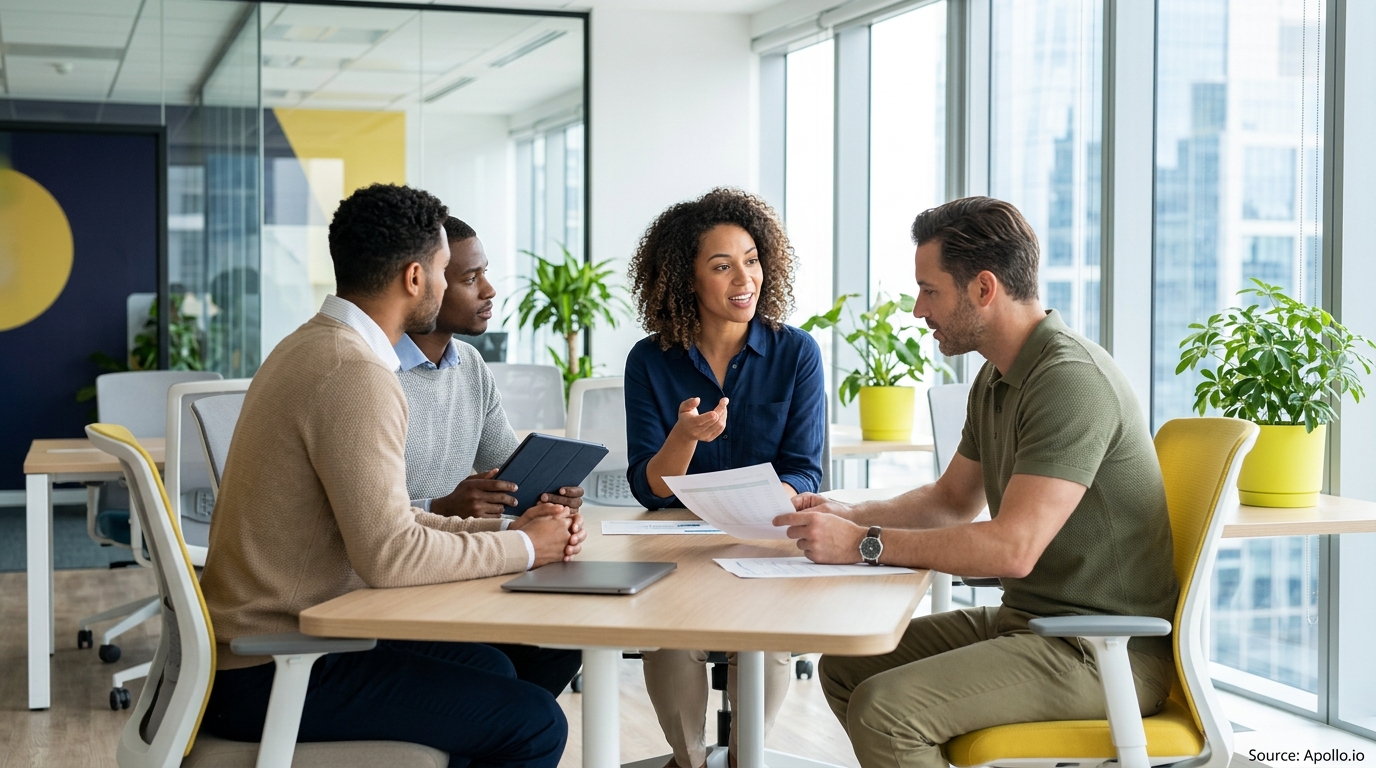 Four professionals review documents and a tablet while meeting in a bright, modern office.