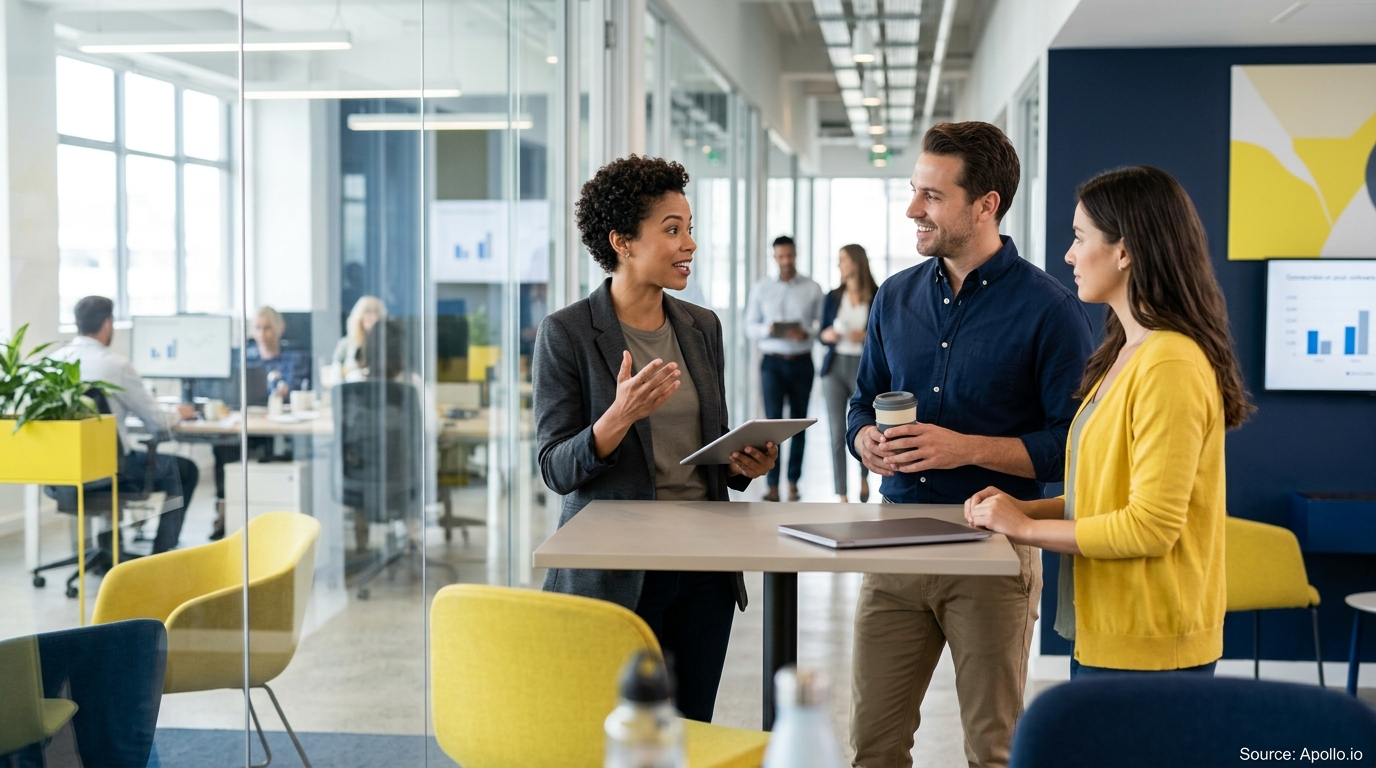 Three professionals discuss data on a tablet at a standing desk in a bright, modern office.