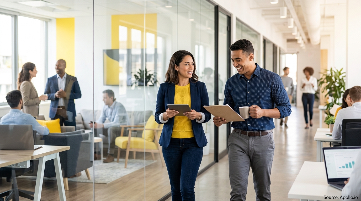 Ten professionals collaborate and move through a bright, modern open-plan office with glass walls and yellow accents.