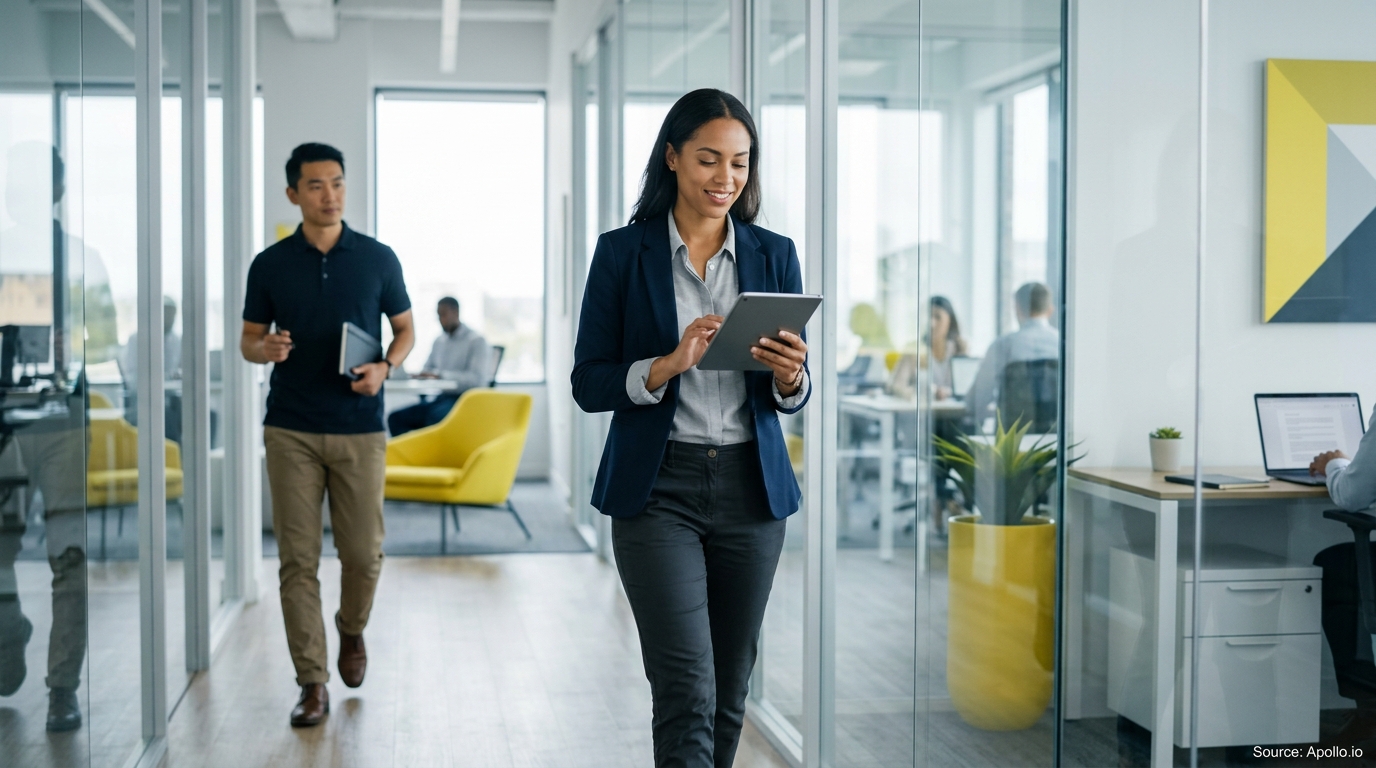A businesswoman uses a tablet while walking through a bright glass-walled office with several colleagues working nearby.