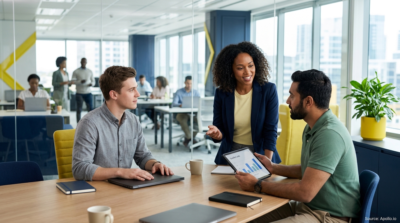 Three professionals review charts on a tablet at a wooden table in a bright, modern open-plan office.