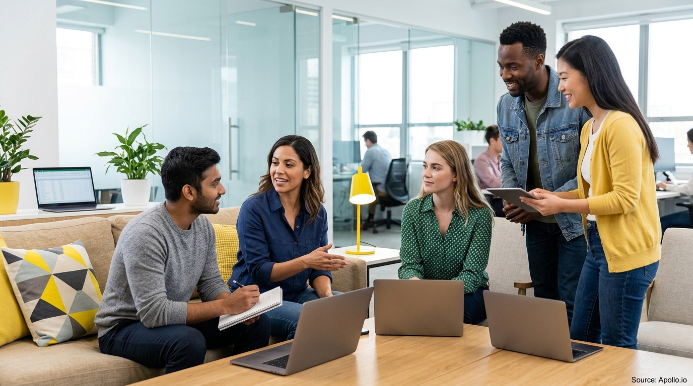 Five diverse professionals collaborate in a bright, modern office with laptops, a tablet, and a notebook.