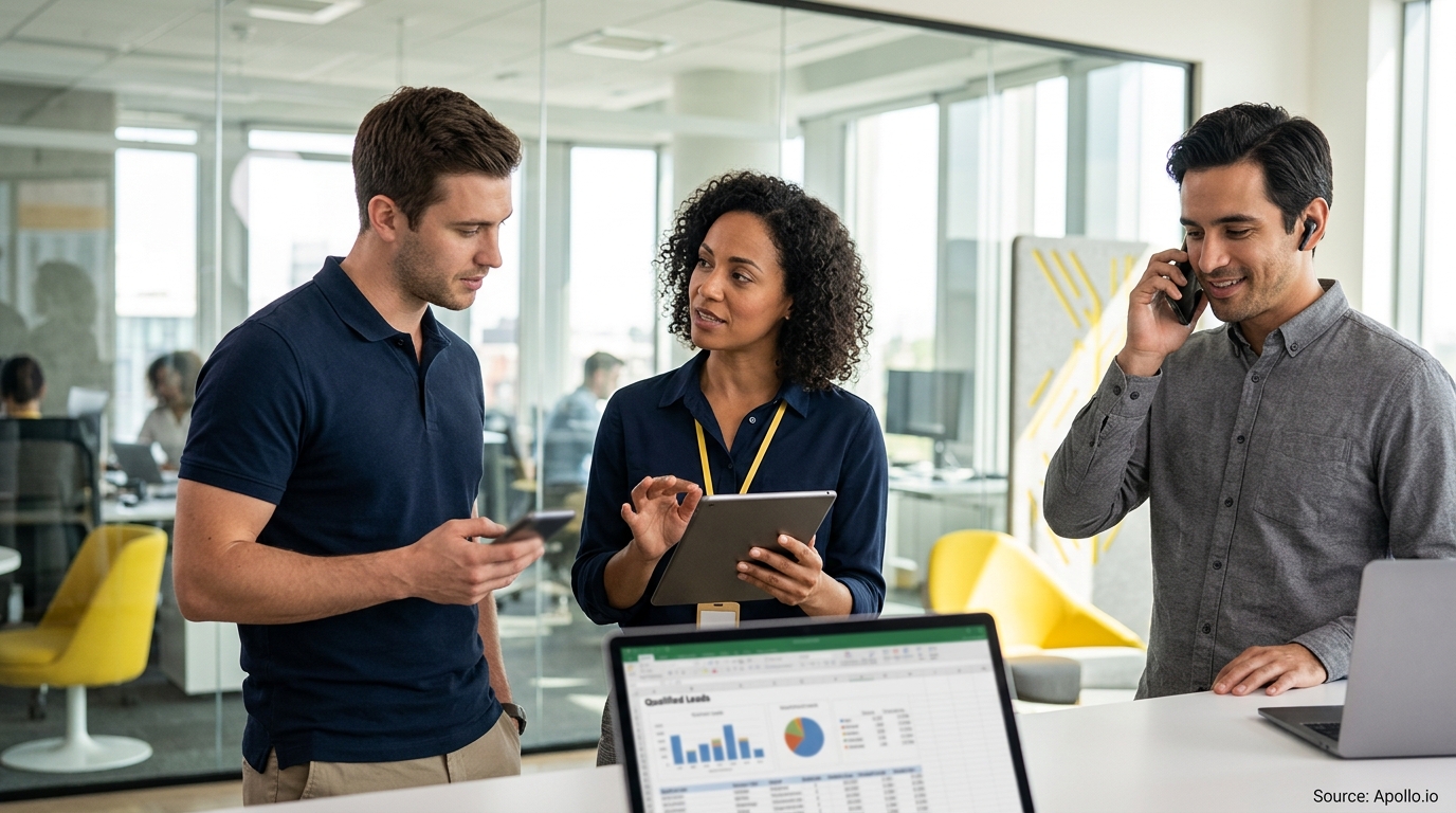Three professionals use a tablet and smartphones in a modern office with business charts displayed on a laptop.