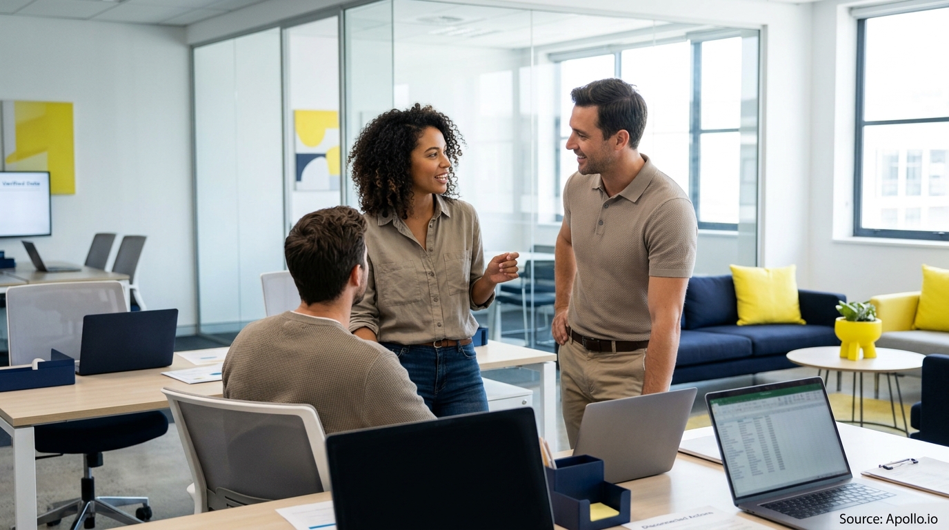 Three professionals talk and collaborate at a desk in a bright, modern office with laptops.