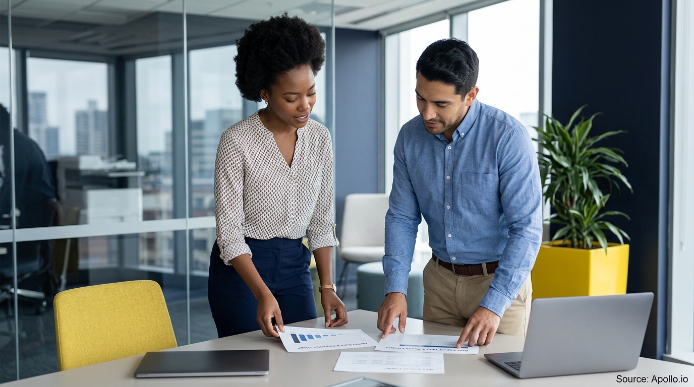 Two professionals analyze printed data charts at a table in a modern, glass-walled office.