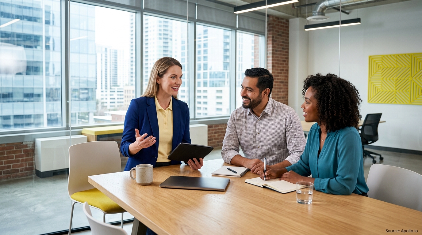 Three professionals collaborate at a wooden table in a bright office overlooking a city skyline.