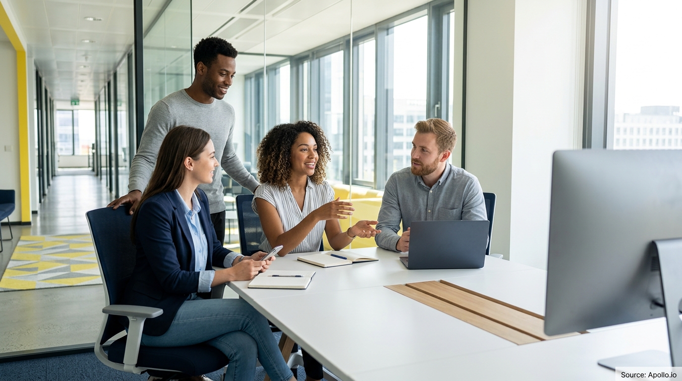 Four diverse professionals collaborate around a white table in a bright, modern office with large windows.