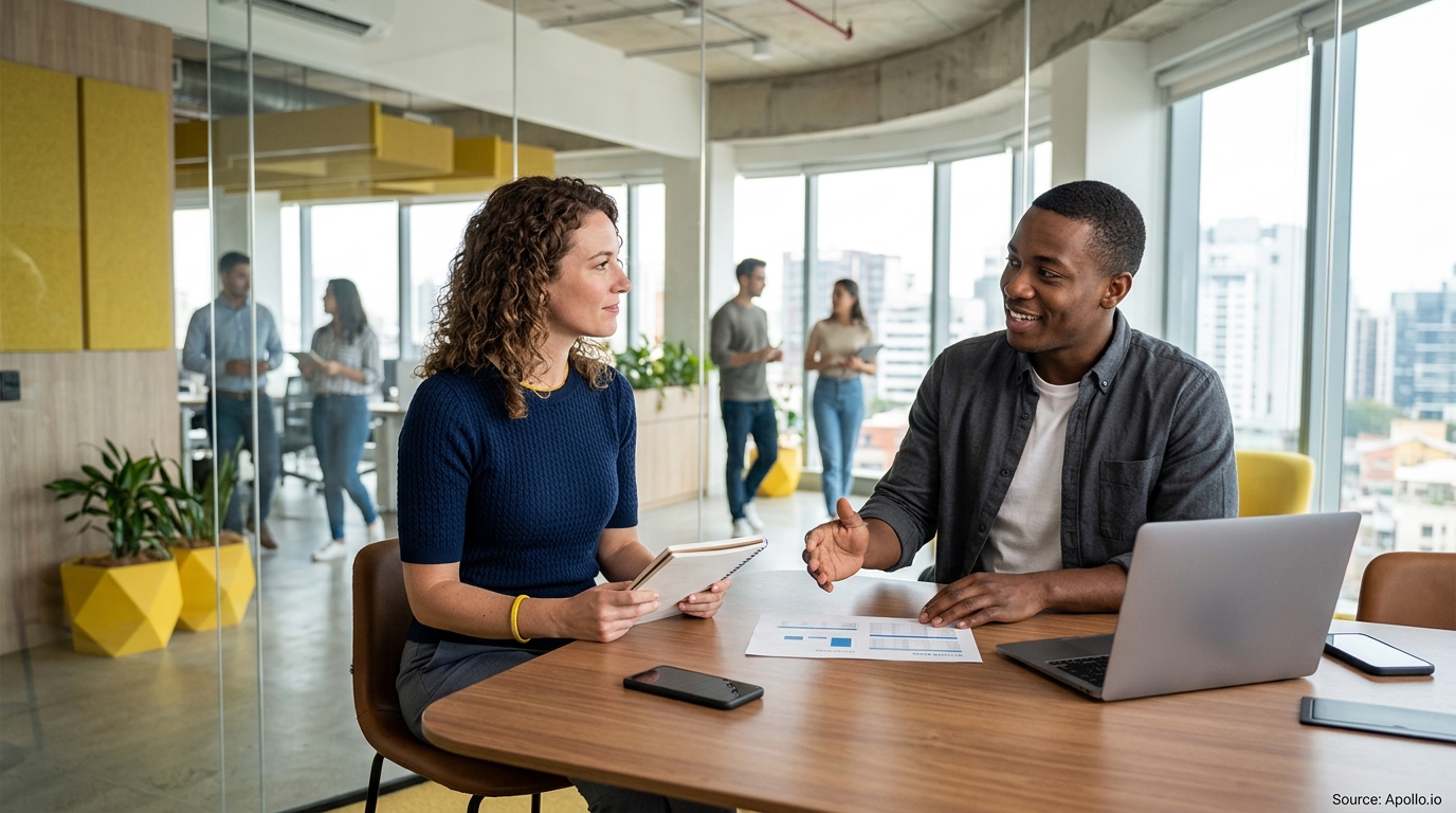 Two professionals discuss documents at a table in a bright, modern office with several colleagues in the background.