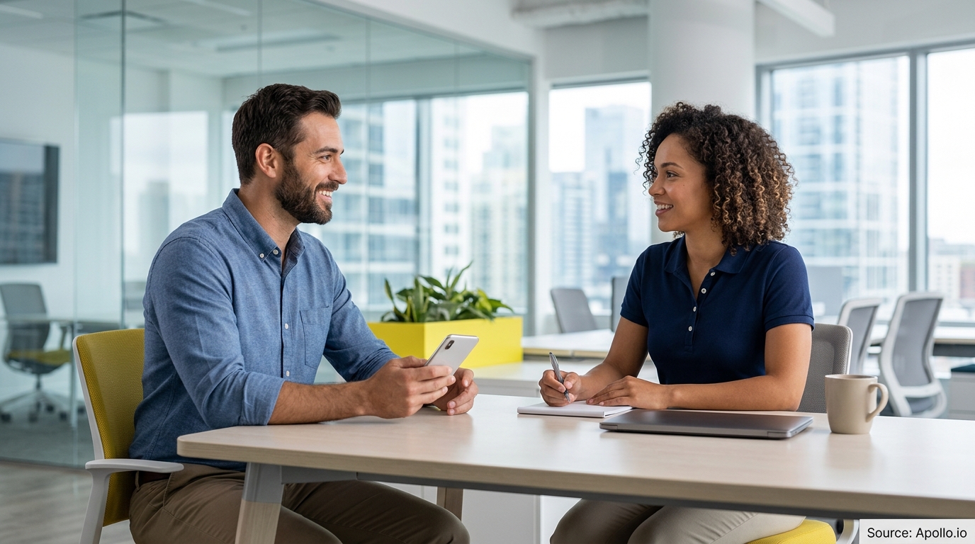 A man and woman talk at a modern office desk with a smartphone and notepad.