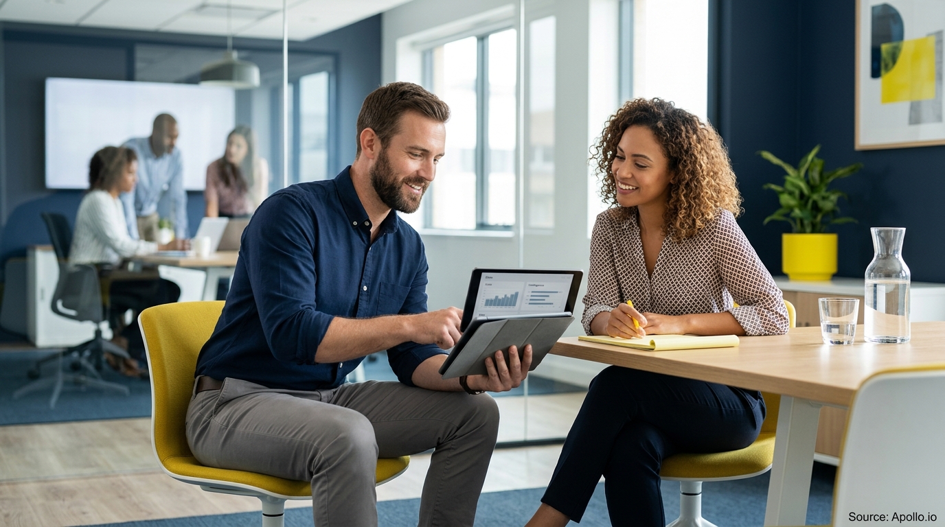 Two professionals review data on a tablet in a modern office while three colleagues work in the background.
