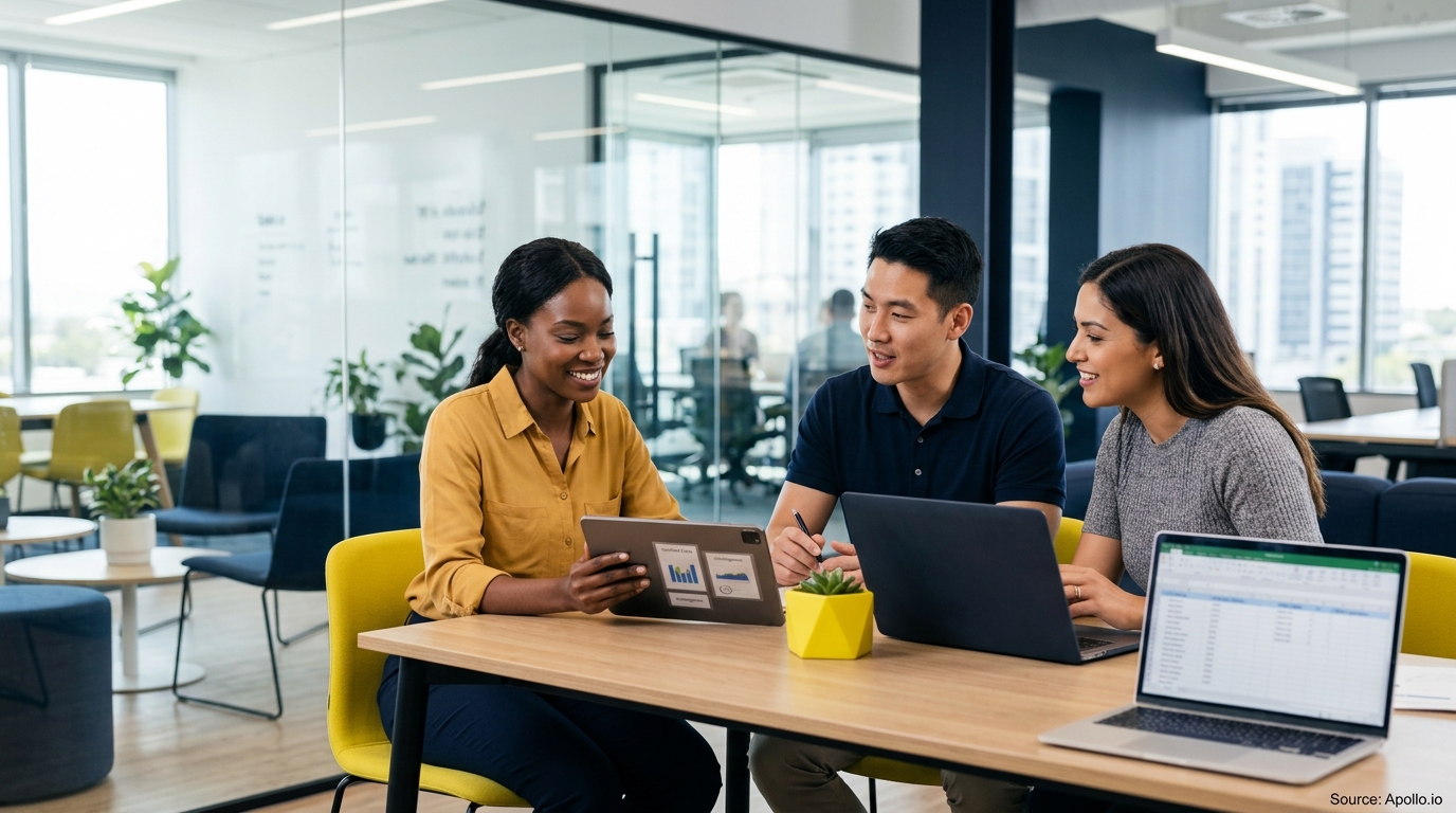 Three professionals collaborate over a tablet and laptops at a wooden table in a bright, modern office.