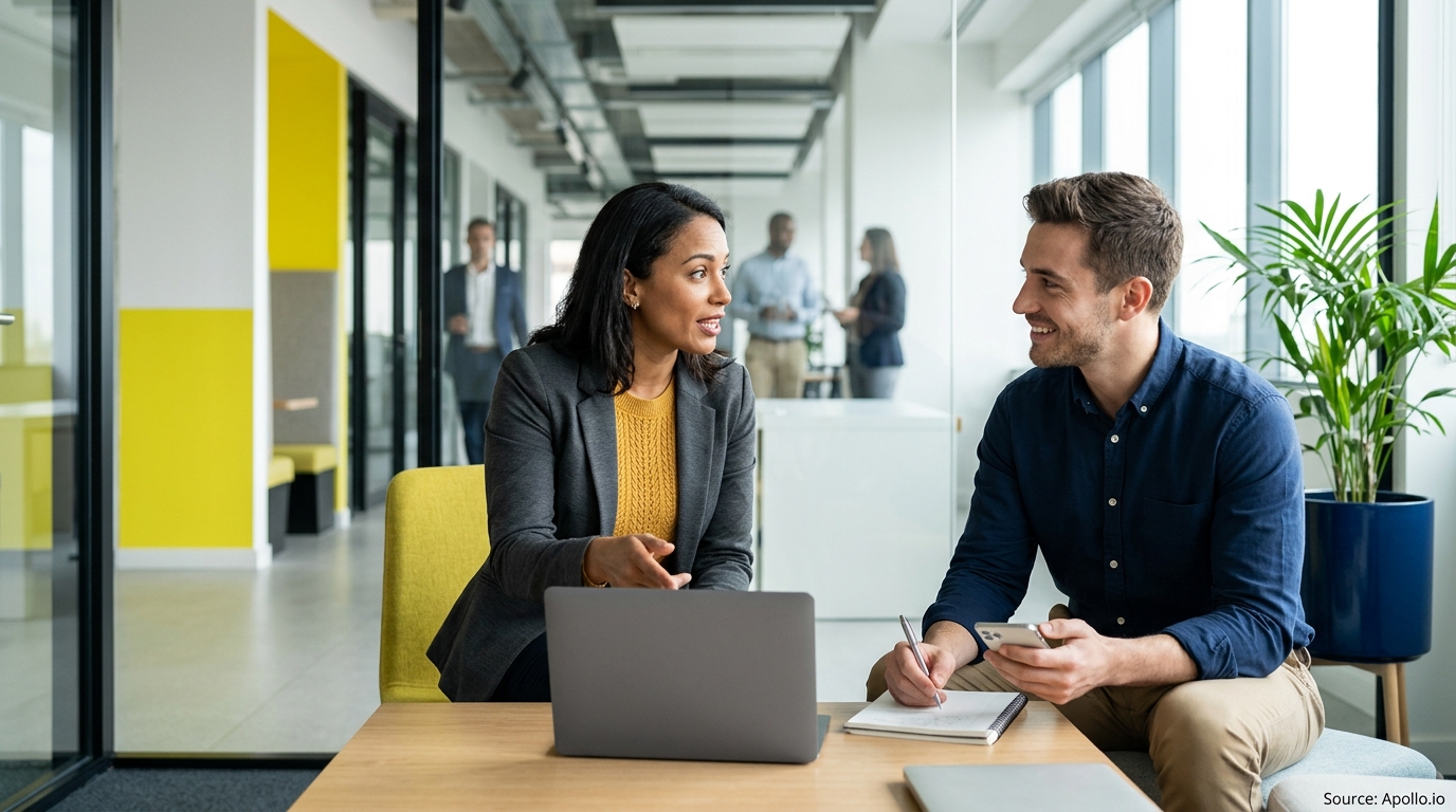 Two professionals discuss work using a laptop in a bright, modern office with three colleagues in the background.