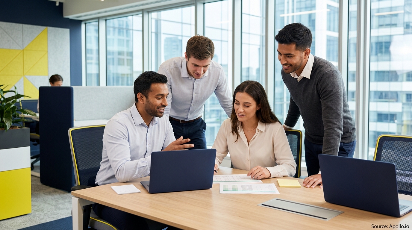 Four professionals collaborate over a laptop and paperwork at a table in a bright, modern office.
