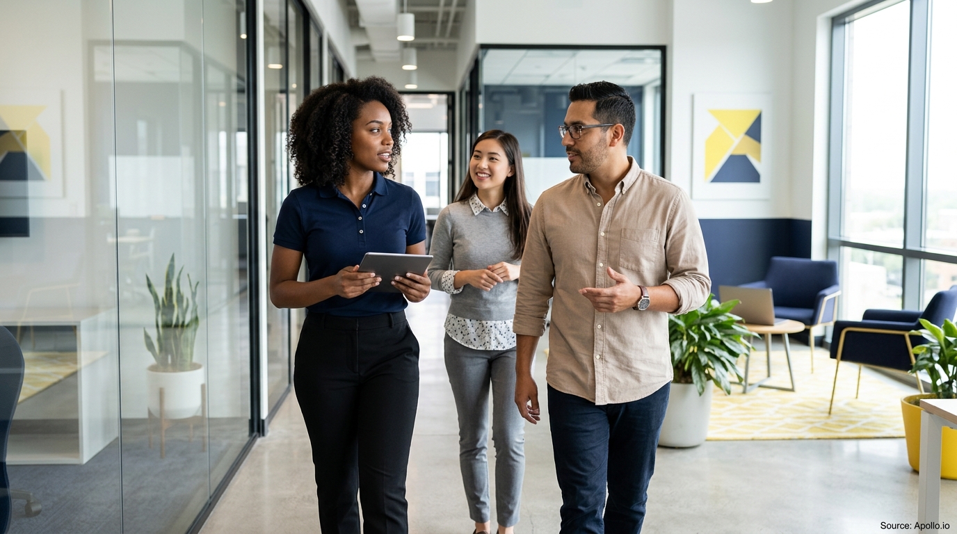 Three diverse professionals walk and talk in a modern office hallway, with one woman holding a tablet.