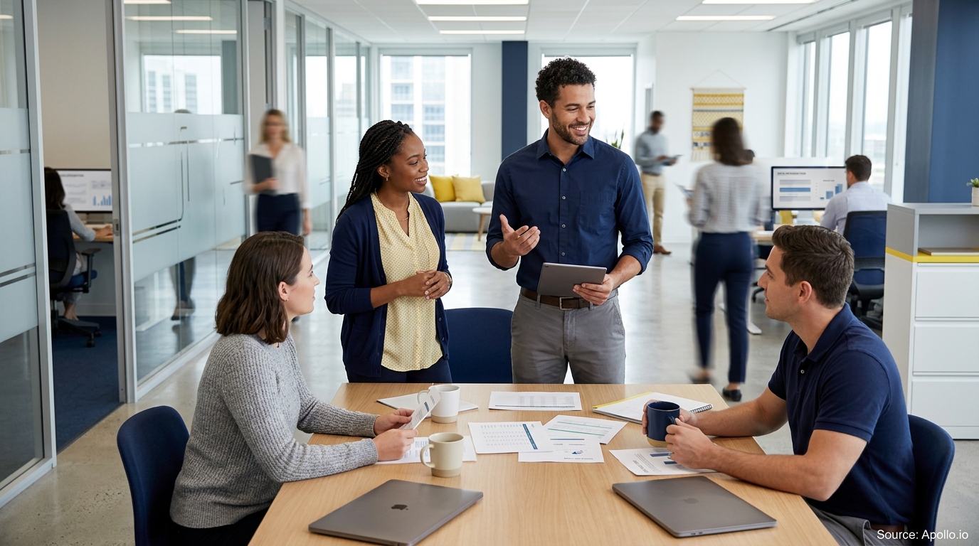 Four diverse professionals collaborate around a table in a bright, modern, open-plan office space.