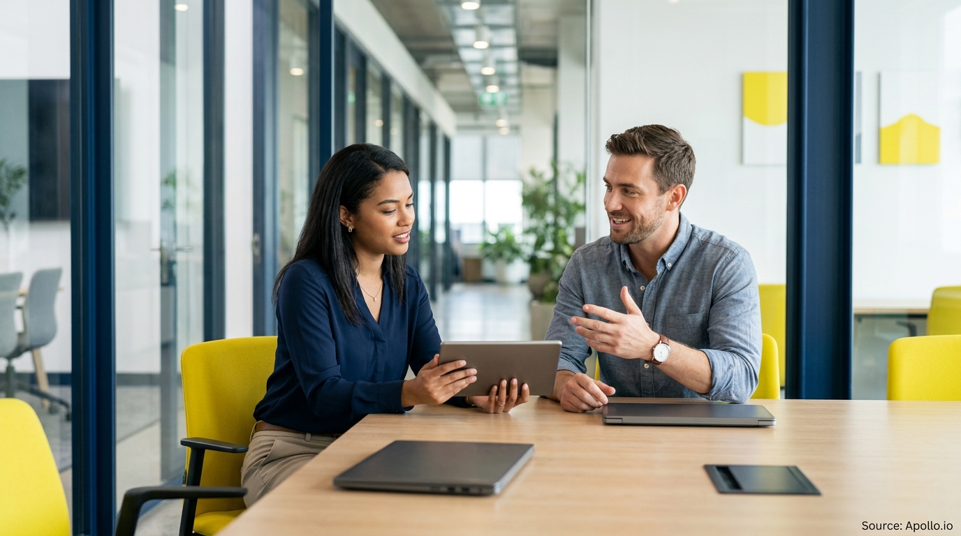 Two professionals collaborate while viewing a tablet at a table in a bright, modern office setting.