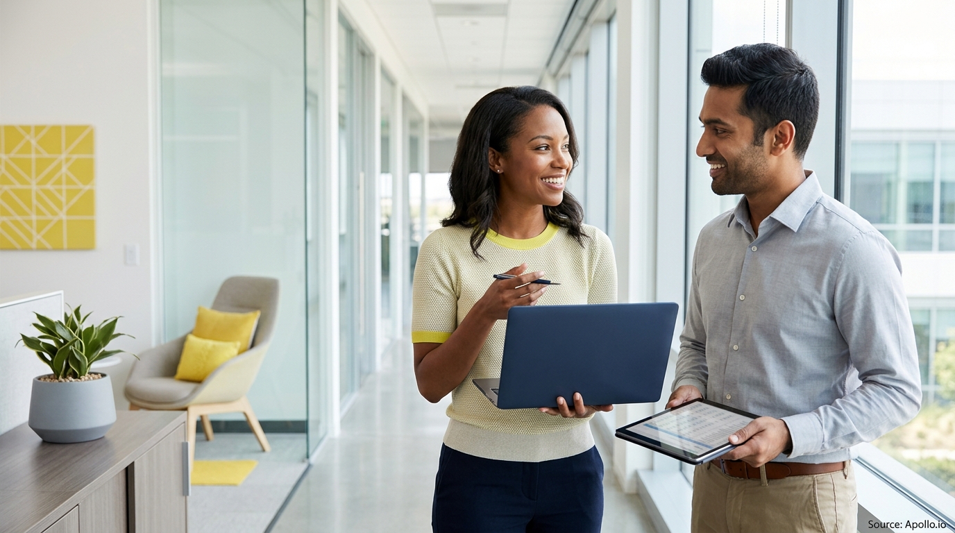 Two professionals smiling and collaborating in a modern office hallway while holding a laptop and tablet.