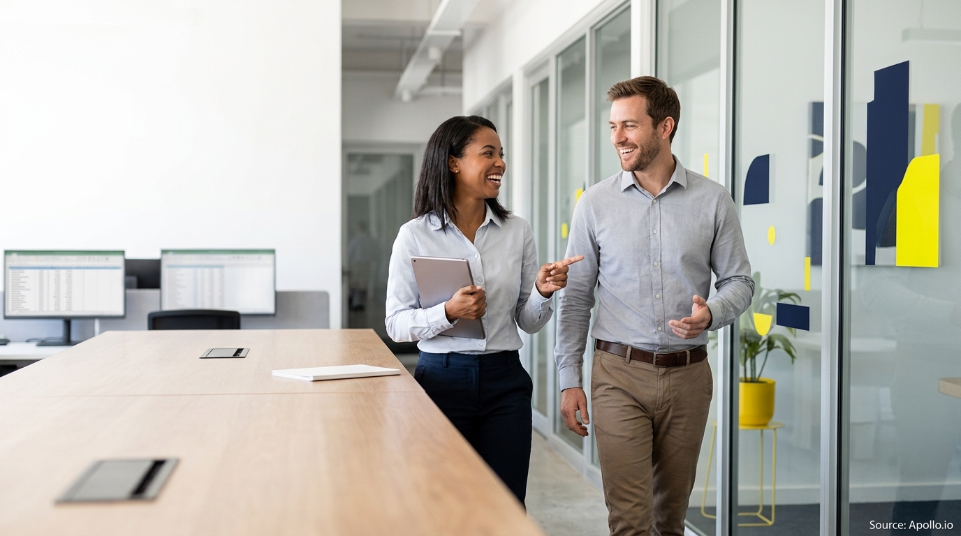 Two smiling business professionals walk and talk through a bright, modern office hallway.