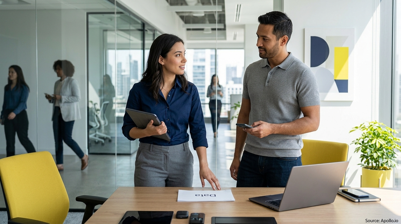 Two professionals discuss a document at a desk in a bright, modern office with two people in the background.