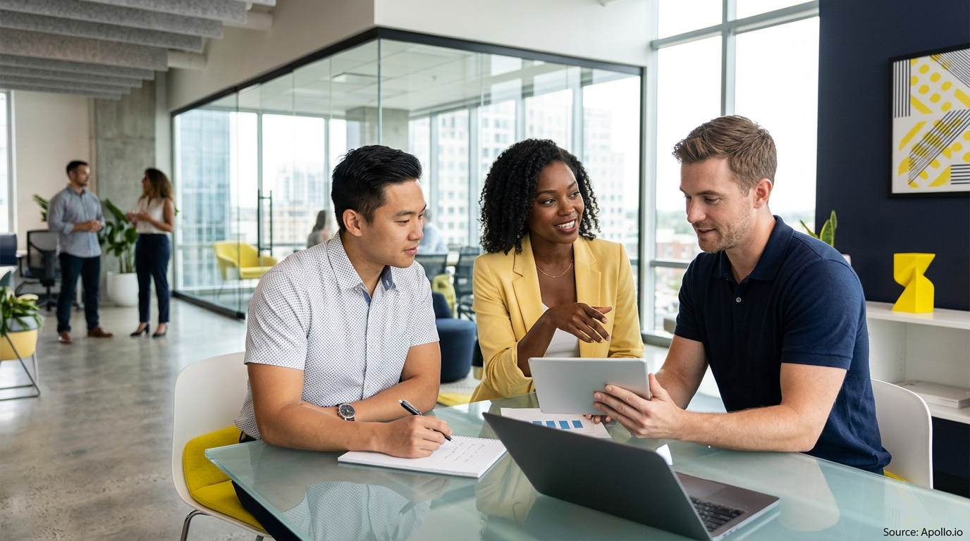 Three professionals review digital data on a tablet and laptop at a glass table in a modern office.