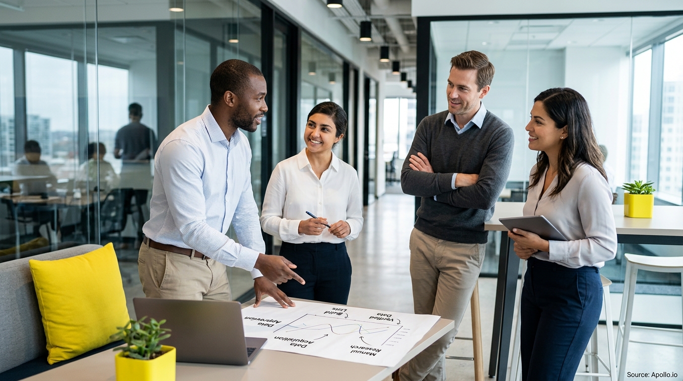 Four diverse professionals discuss a printed chart on a table in a modern, sunlit office.