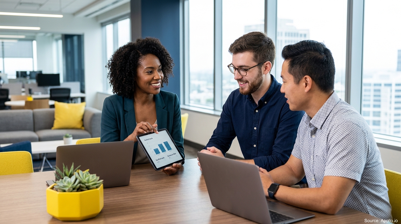 Three professionals review data on a tablet while sitting at a table in a bright, modern office.