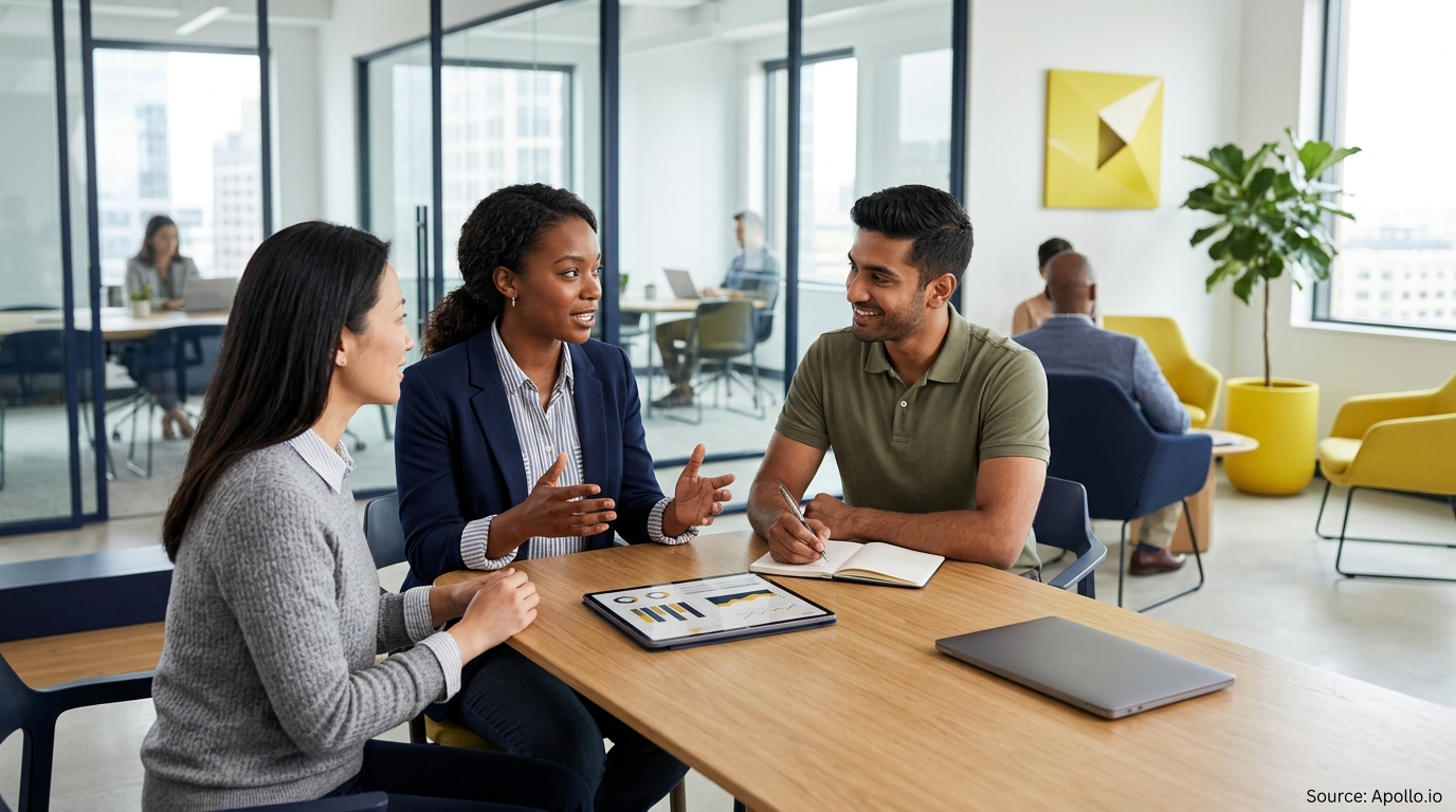 Three professionals discuss data on a tablet while sitting at a table in a bright, modern office.